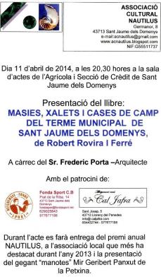  Presentació del llibre 'Masies, xalets i cases de pagès al municipi de Sant Jaume dels Domenys'