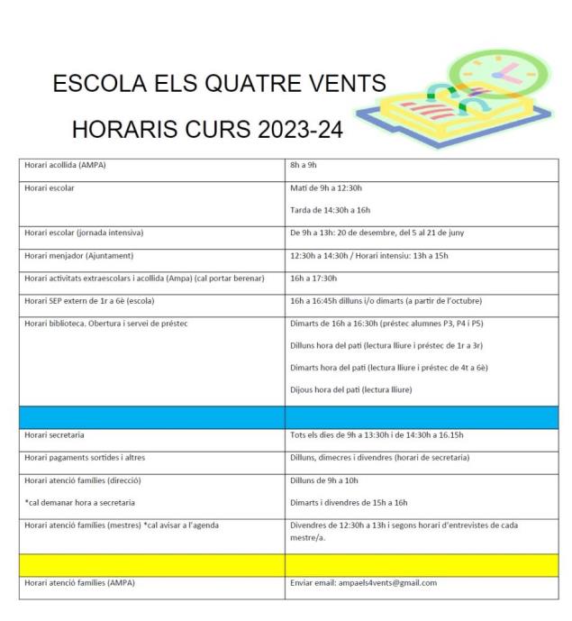 HORARIS CURS ESCOLAR 2023- 2024